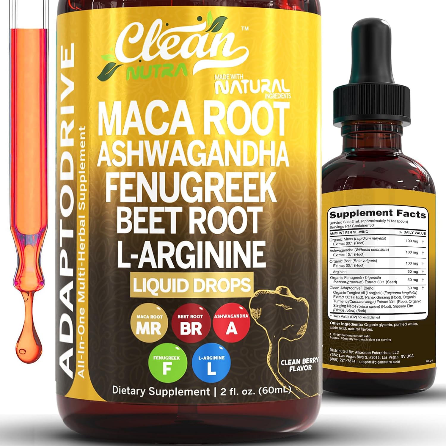 Maca ashwagandha adaptogen liquid drops bottle on dark surface